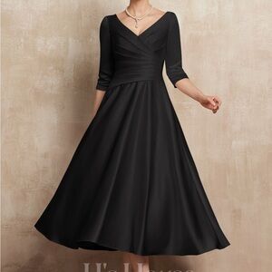 A-line V-neck Tea Length dress in Black satin